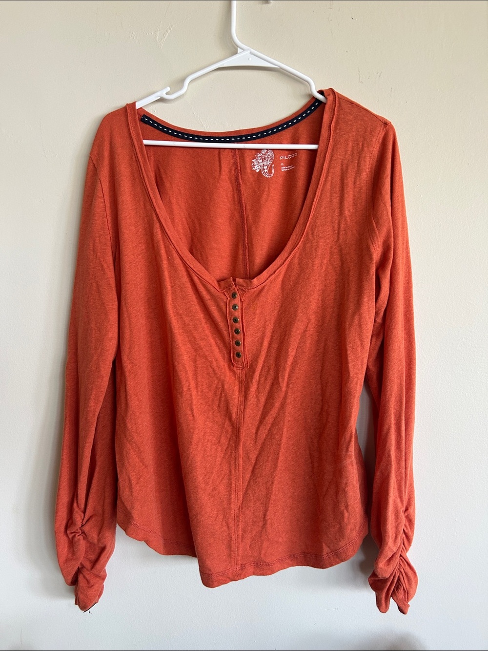 Pilcro Long Sleeve Henley Top in Burnt Orange